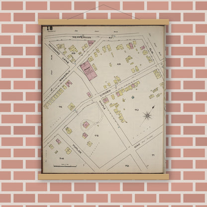 Old map wall art mockup — magnetic wood frame on brick wall — Sanborn Fire Insurance Map from Yonkers, Westchester County, New York (1886), Sheet #0018
