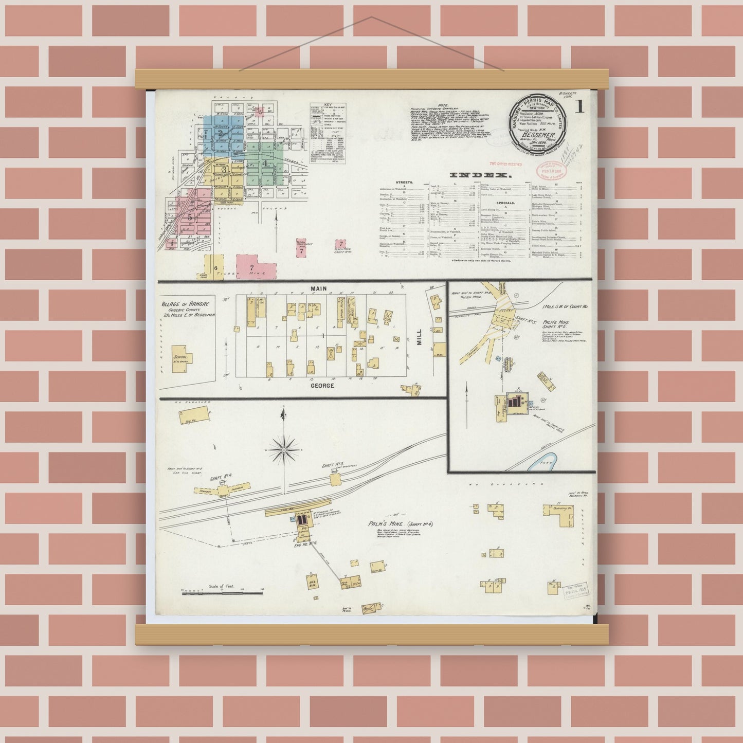 Old map wall art mockup — magnetic wood frame on brick wall — Sanborn Fire Insurance Map from Bessemer, Gogebic County, Michigan (1898), Sheet #0001
