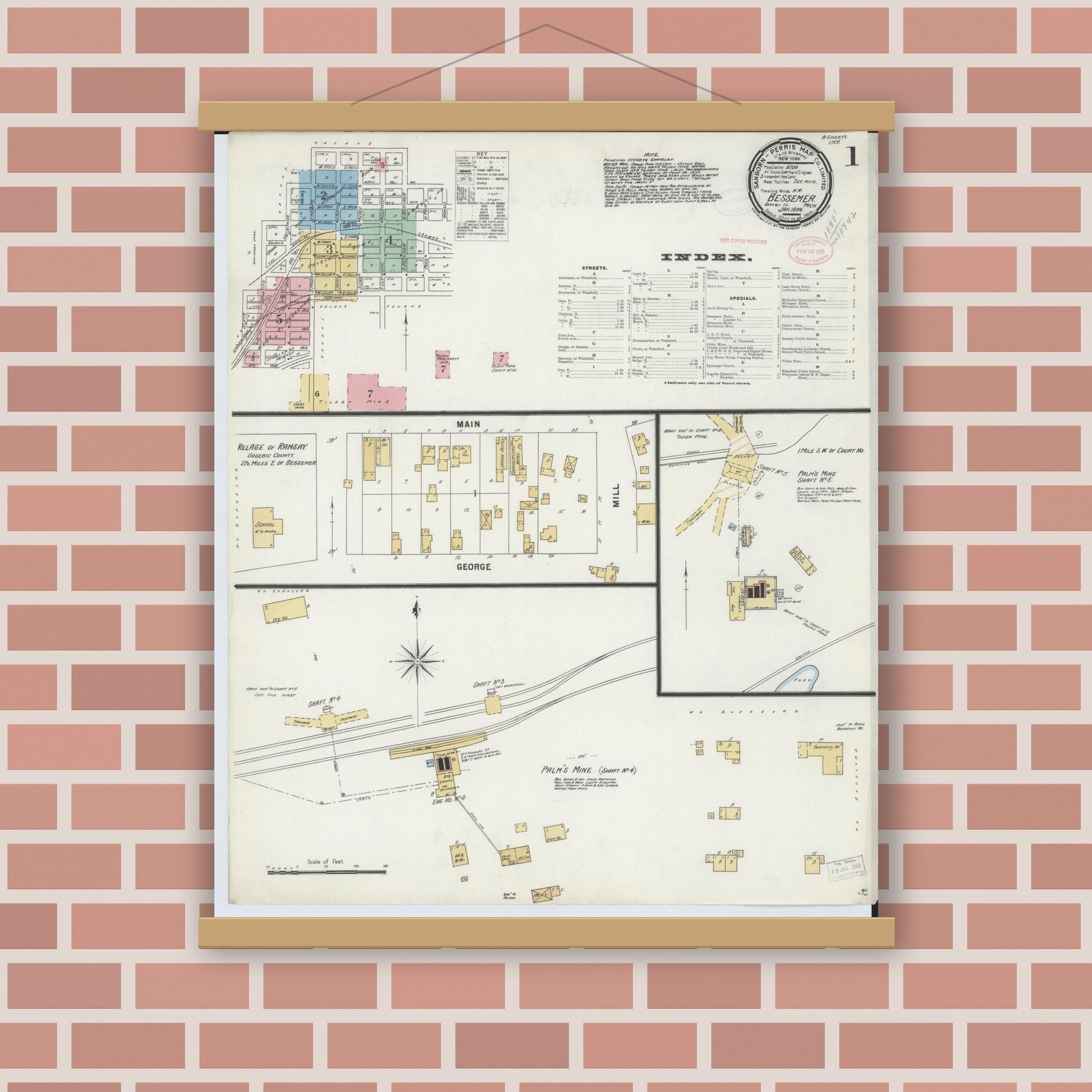 Old map wall art mockup — magnetic wood frame on brick wall — Sanborn Fire Insurance Map from Bessemer, Gogebic County, Michigan (1898), Sheet #0001