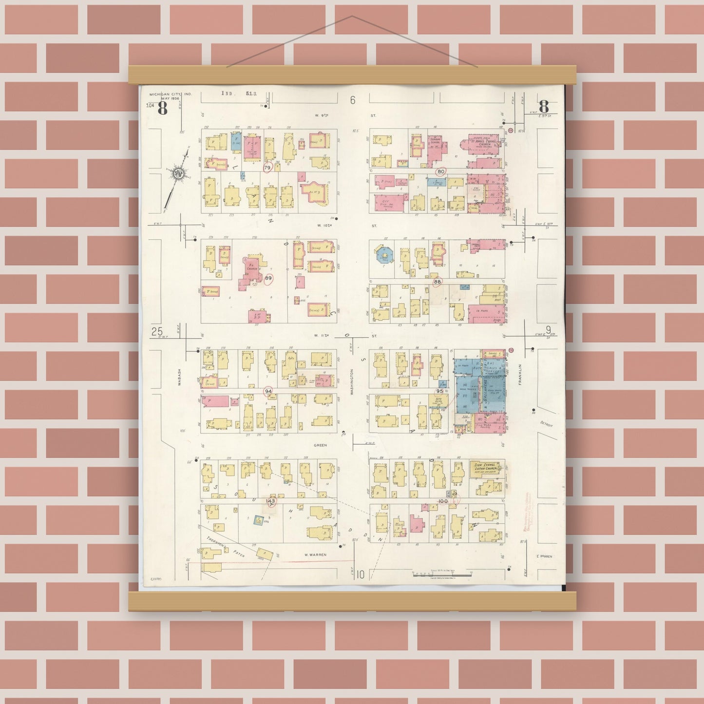 Old map wall art mockup — magnetic wood frame on brick wall — Sanborn Fire Insurance Map from Michigan City, La Porte County, Indiana (1948), Sheet #0008