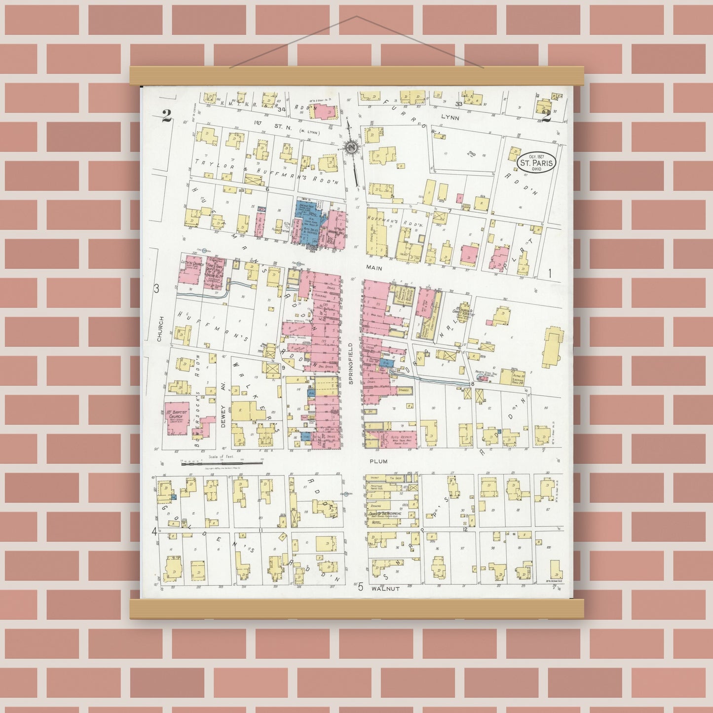 Old map wall art mockup — magnetic wood frame on brick wall — Sanborn Fire Insurance Map from Saint Paris, Champaign County, Ohio (1927), Sheet #0002