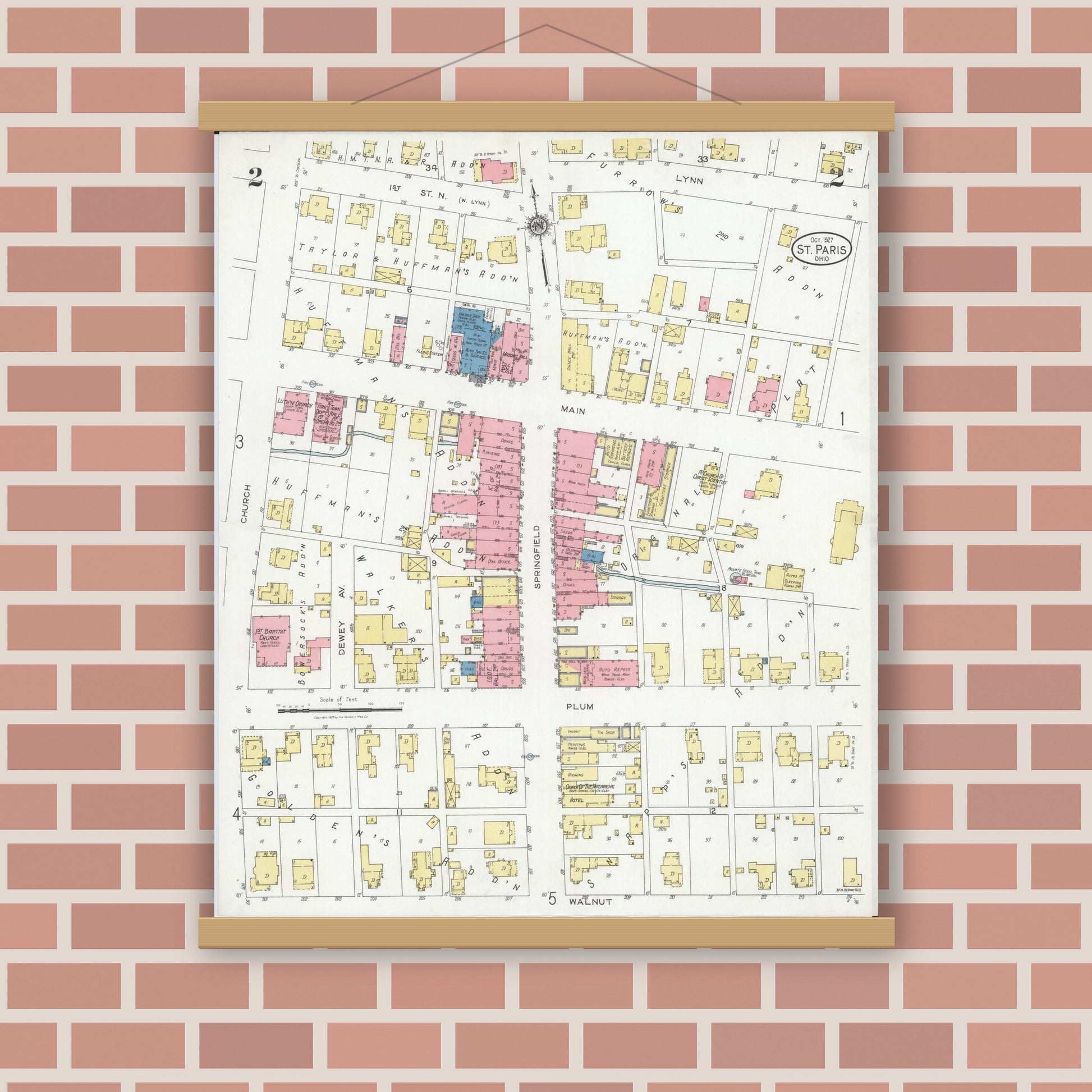 Old map wall art mockup — magnetic wood frame on brick wall — Sanborn Fire Insurance Map from Saint Paris, Champaign County, Ohio (1927), Sheet #0002