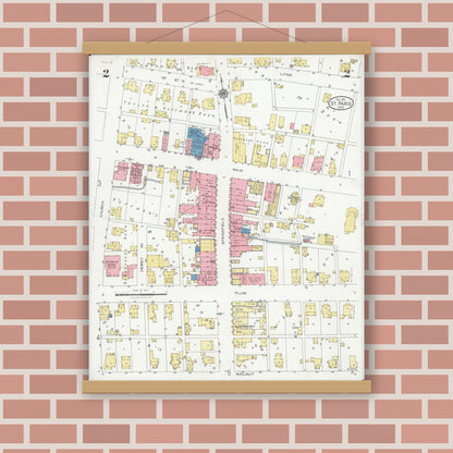 Old map wall art mockup — magnetic wood frame on brick wall — Sanborn Fire Insurance Map from Saint Paris, Champaign County, Ohio (1927), Sheet #0002