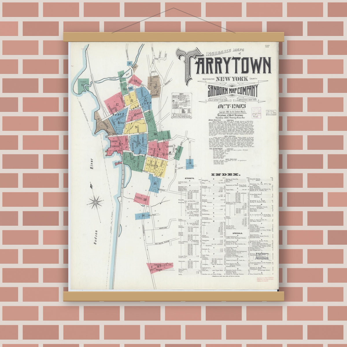 Old map wall art mockup — magnetic wood frame on brick wall — Sanborn Fire Insurance Map from Tarrytown, Westchester County, New York (1903), Sheet #0001