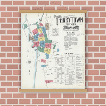 Old map wall art mockup — magnetic wood frame on brick wall — Sanborn Fire Insurance Map from Tarrytown, Westchester County, New York (1903), Sheet #0001