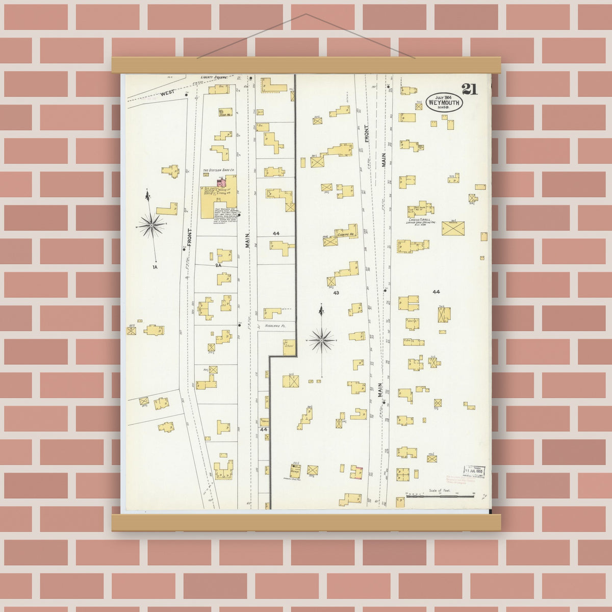 Old map wall art mockup — magnetic wood frame on brick wall — Sanborn Fire Insurance Map from Weymouth, Norfolk County, Massachusetts (1904), Sheet #0021