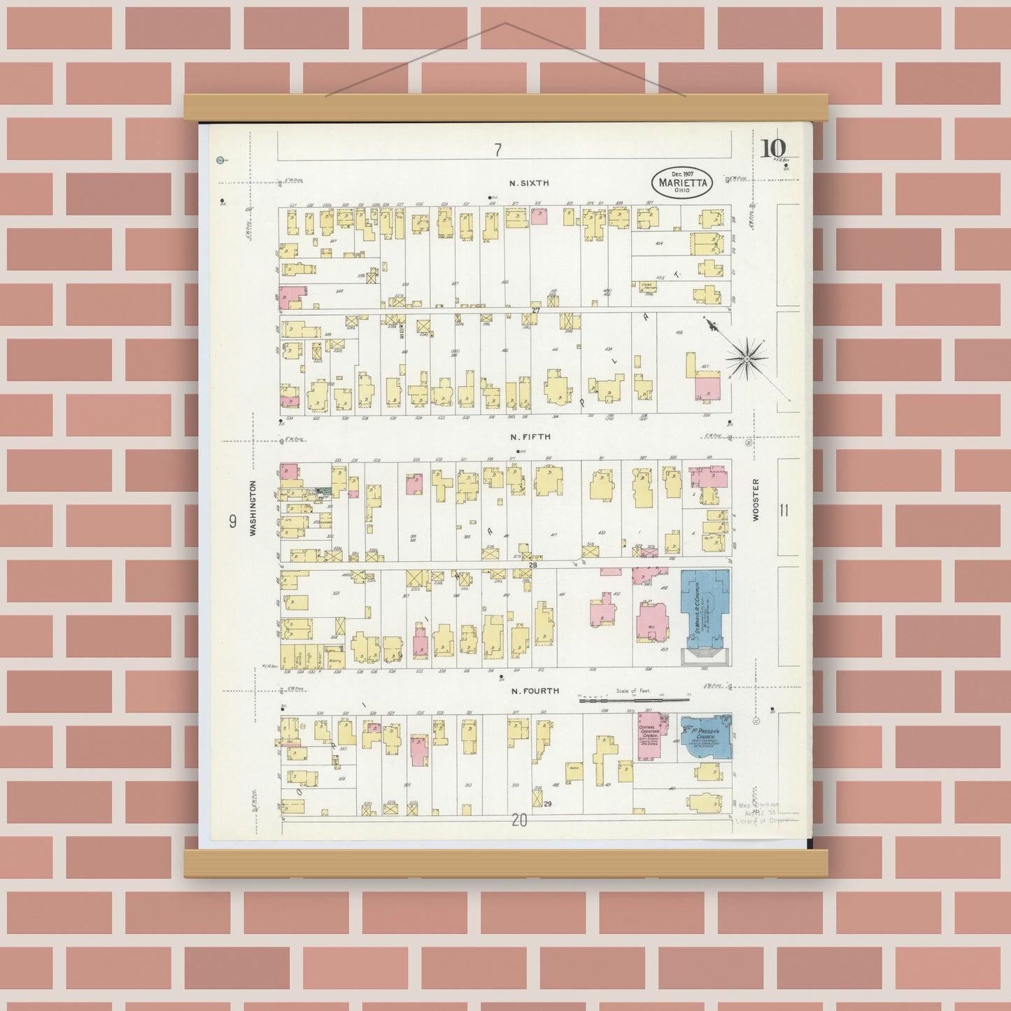 Old map wall art mockup — magnetic wood frame on brick wall — Sanborn Fire Insurance Map from Marietta, Washington County, Ohio (1907), Sheet #0010