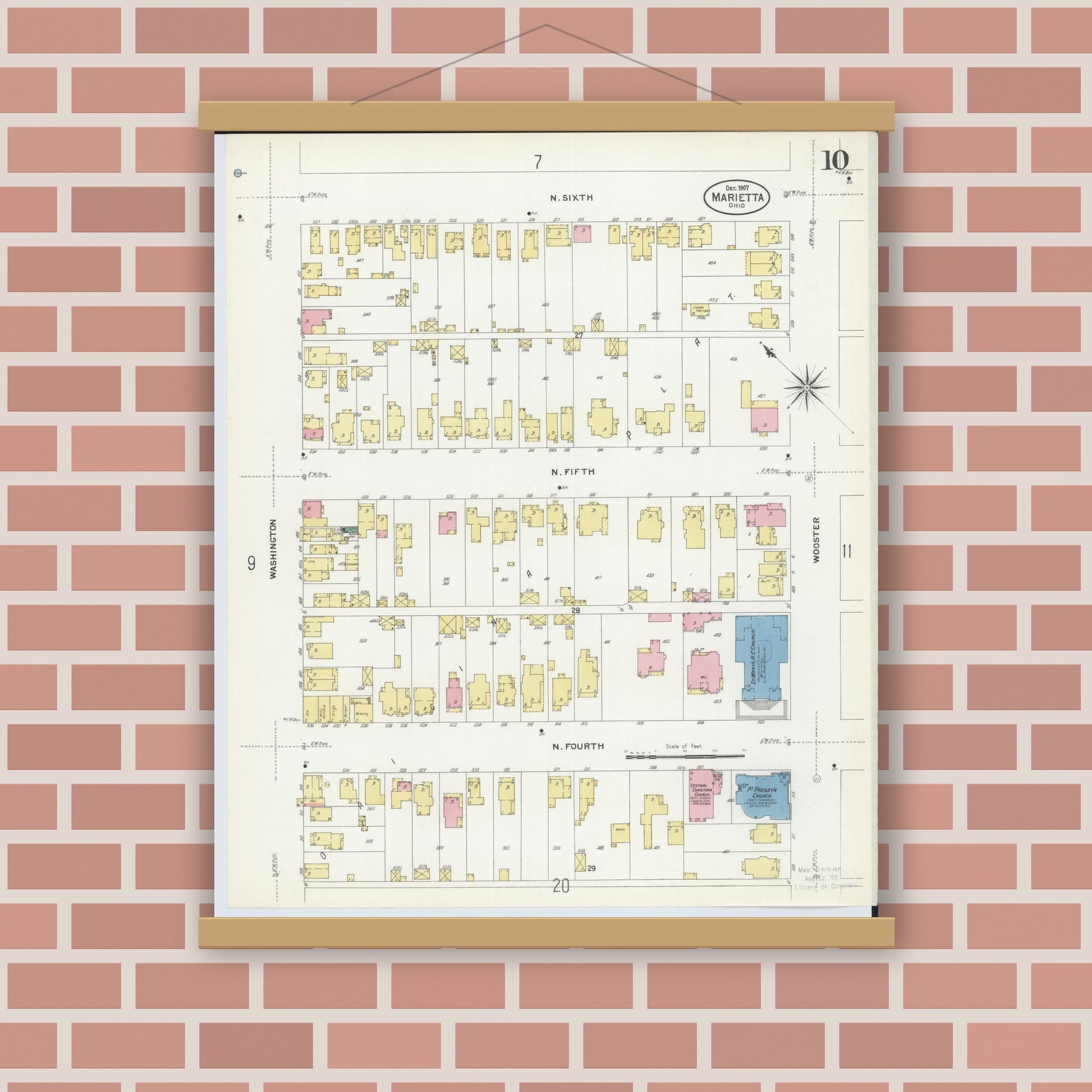 Old map wall art mockup — magnetic wood frame on brick wall — Sanborn Fire Insurance Map from Marietta, Washington County, Ohio (1907), Sheet #0010