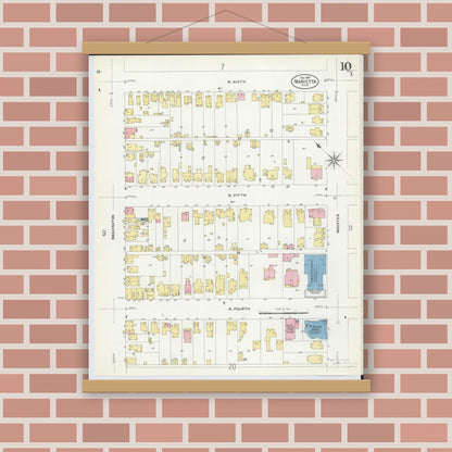 Old map wall art mockup — magnetic wood frame on brick wall — Sanborn Fire Insurance Map from Marietta, Washington County, Ohio (1907), Sheet #0010