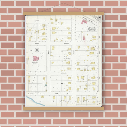 Old map wall art mockup — magnetic wood frame on brick wall — Sanborn Fire Insurance Map from Roodhouse, Greene County, Illinois (1906), Sheet #0002