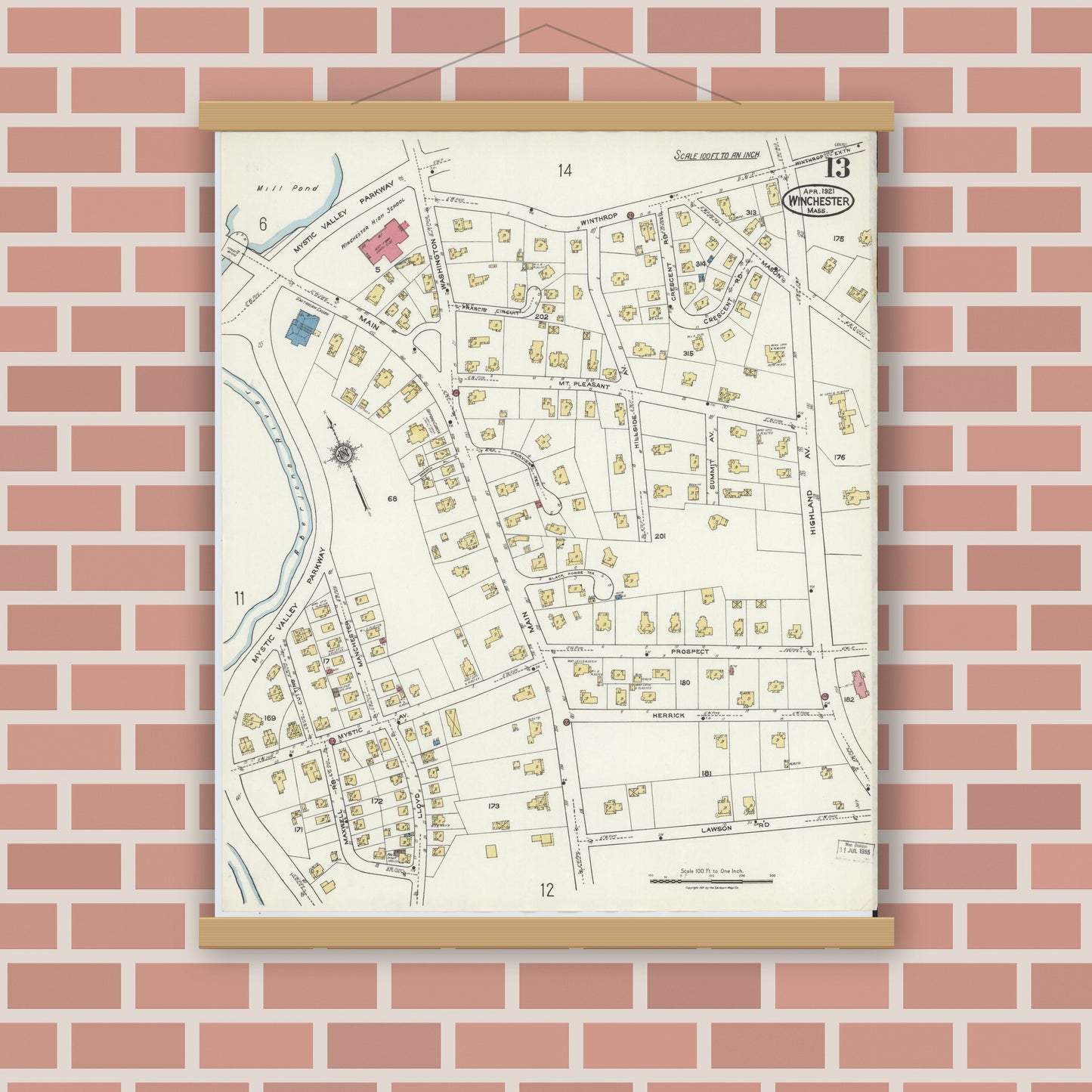 Old map wall art mockup — magnetic wood frame on brick wall — Sanborn Fire Insurance Map from Winchester, Middlesex County, Massachusetts (1921), Sheet #0013