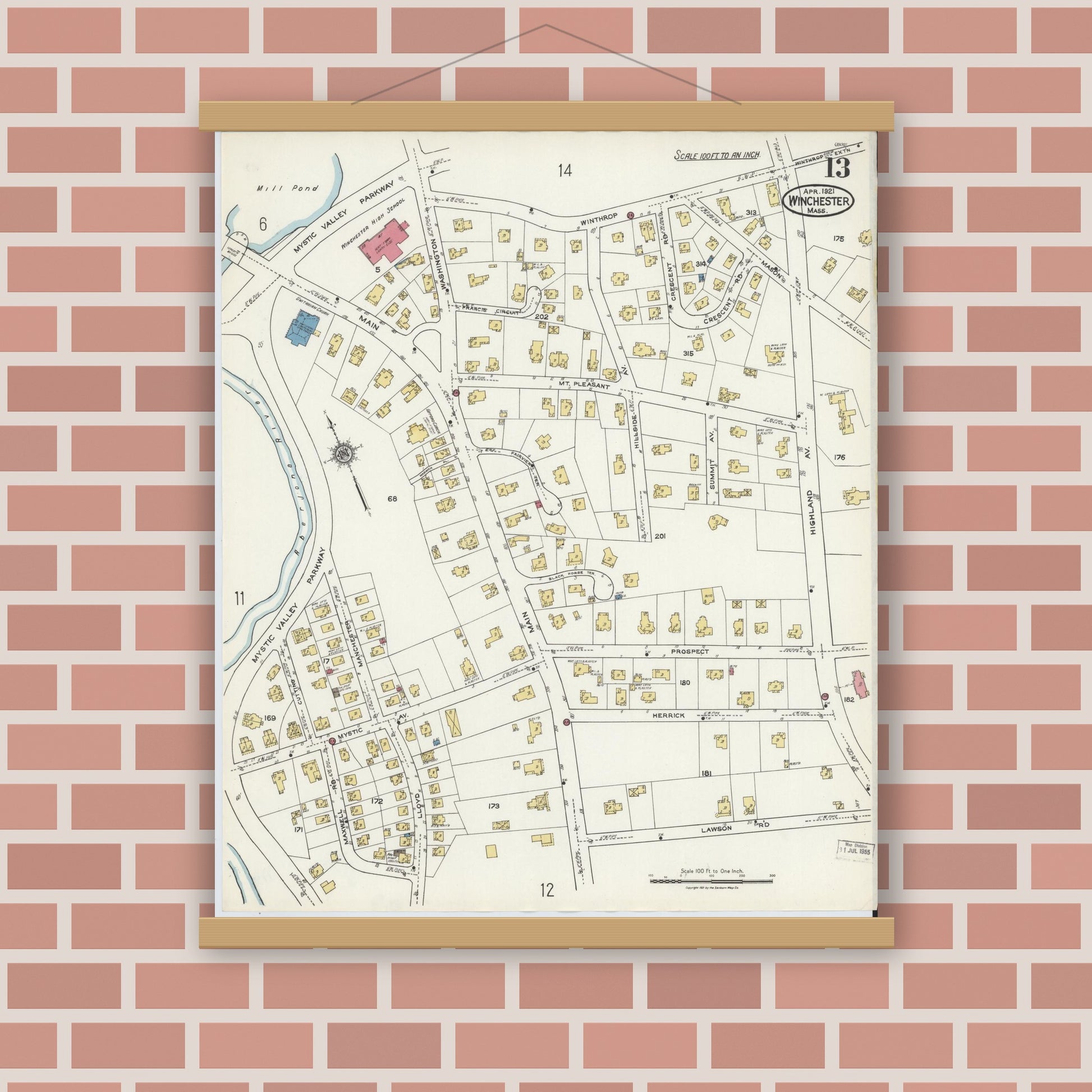 Old map wall art mockup — magnetic wood frame on brick wall — Sanborn Fire Insurance Map from Winchester, Middlesex County, Massachusetts (1921), Sheet #0013