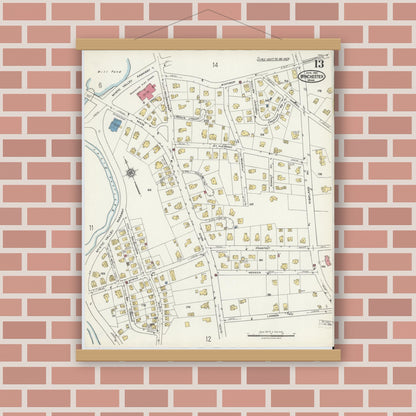 Old map wall art mockup — magnetic wood frame on brick wall — Sanborn Fire Insurance Map from Winchester, Middlesex County, Massachusetts (1921), Sheet #0013