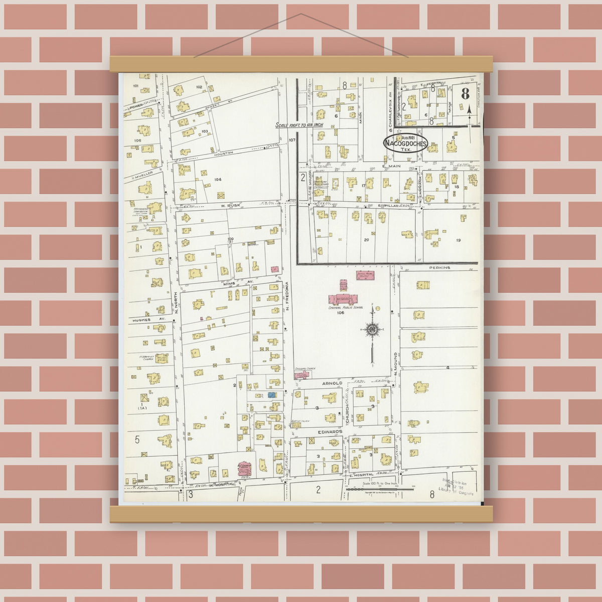 Old map wall art mockup — magnetic wood frame on brick wall — Sanborn Fire Insurance Map from Nacogdoches, Nacogdoches County, Texas (1921), Sheet #0008