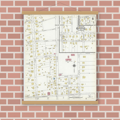 Old map wall art mockup — magnetic wood frame on brick wall — Sanborn Fire Insurance Map from Nacogdoches, Nacogdoches County, Texas (1921), Sheet #0008