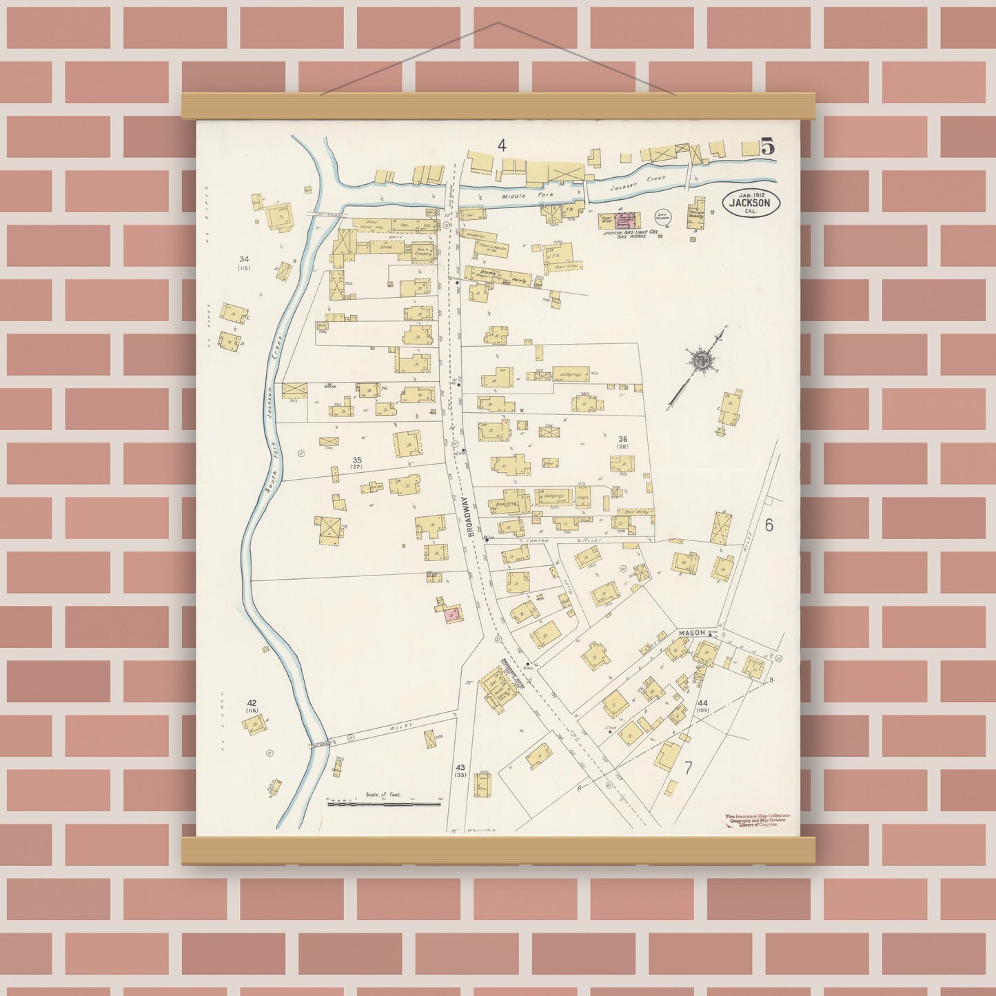 Old map wall art mockup — magnetic wood frame on brick wall — Sanborn Fire Insurance Map from Jackson, Amador County, California (1912), Sheet #0005