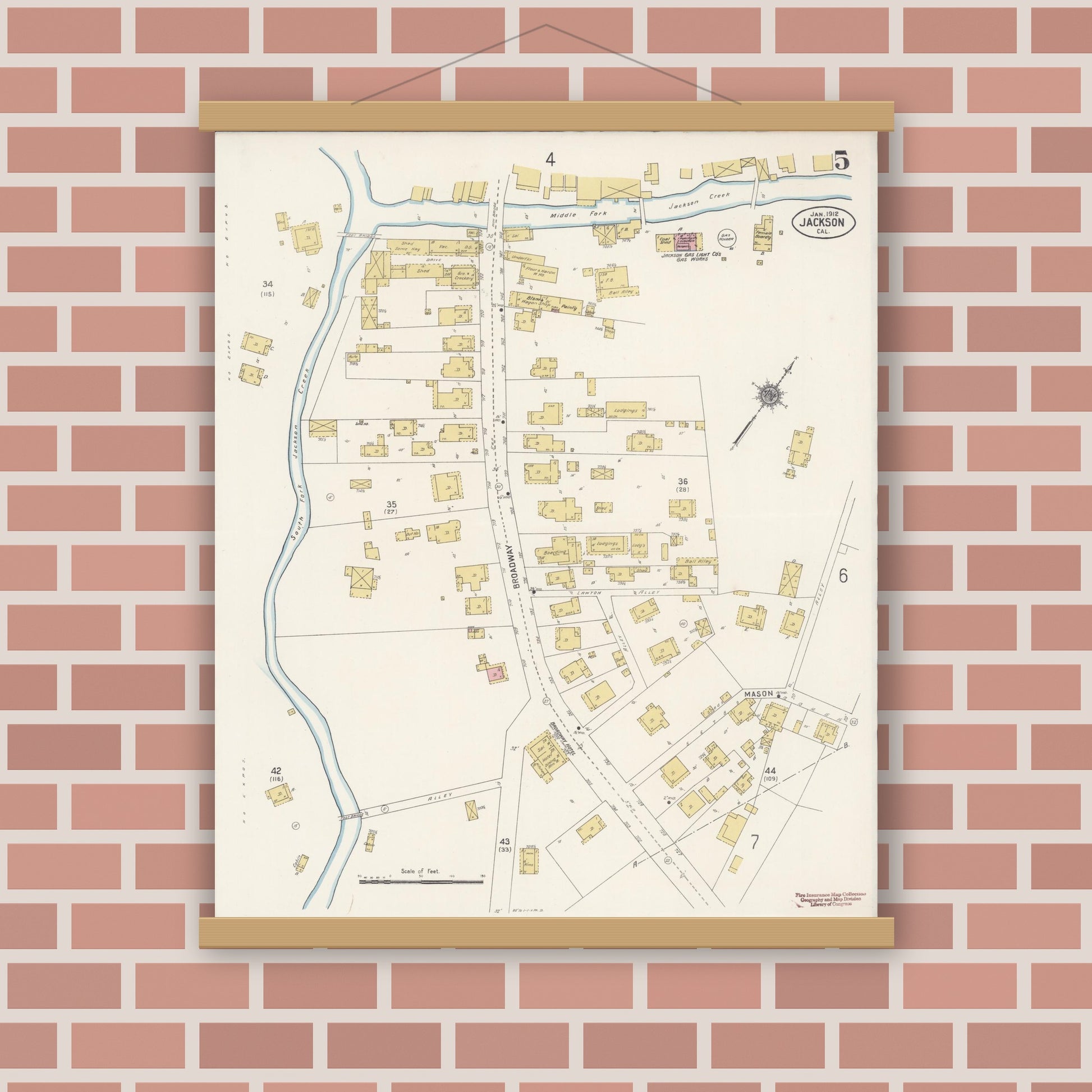 Old map wall art mockup — magnetic wood frame on brick wall — Sanborn Fire Insurance Map from Jackson, Amador County, California (1912), Sheet #0005