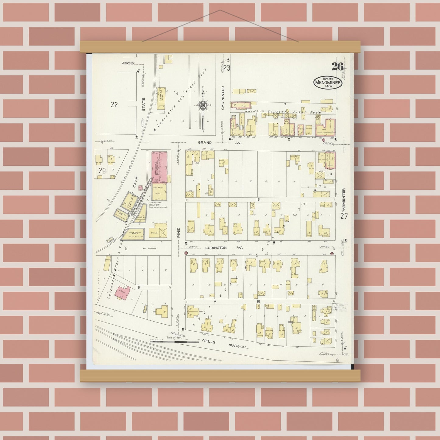 Old map wall art mockup — magnetic wood frame on brick wall — Sanborn Fire Insurance Map from Menominee, Menominee County, Michigan (1913), Sheet #0026