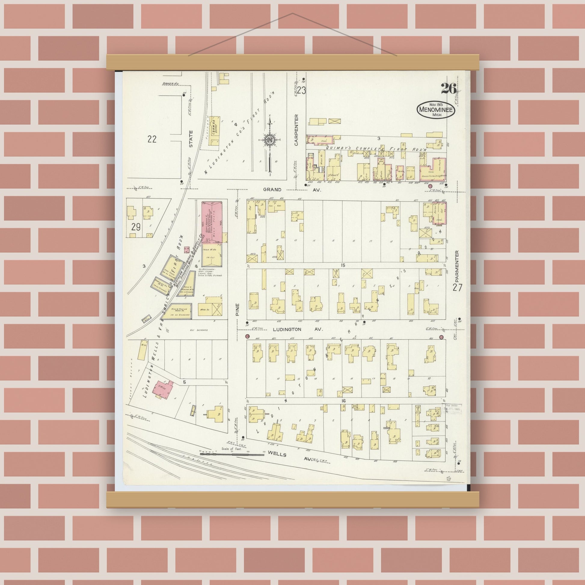Old map wall art mockup — magnetic wood frame on brick wall — Sanborn Fire Insurance Map from Menominee, Menominee County, Michigan (1913), Sheet #0026