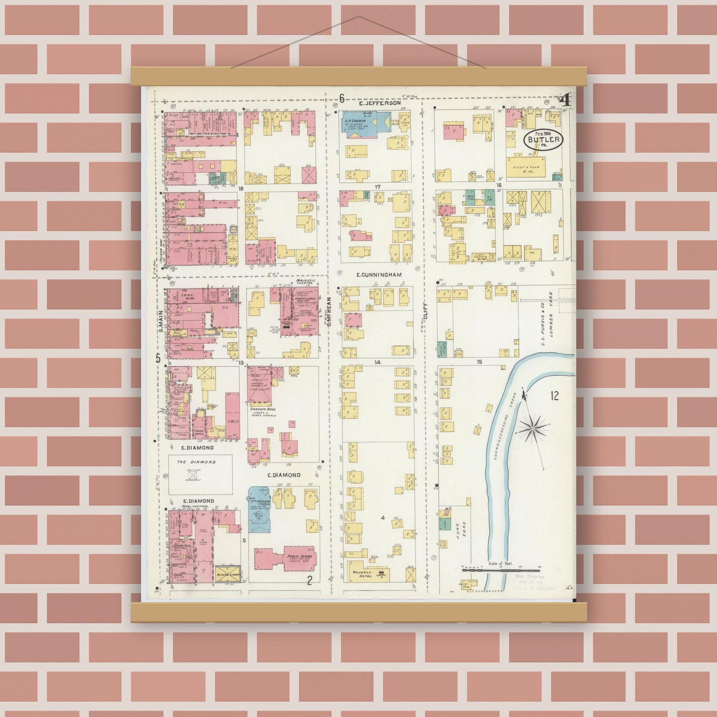 Old map wall art mockup — magnetic wood frame on brick wall — Sanborn Fire Insurance Map from Butler, Butler County, Pennsylvania (1906), Sheet #0004
