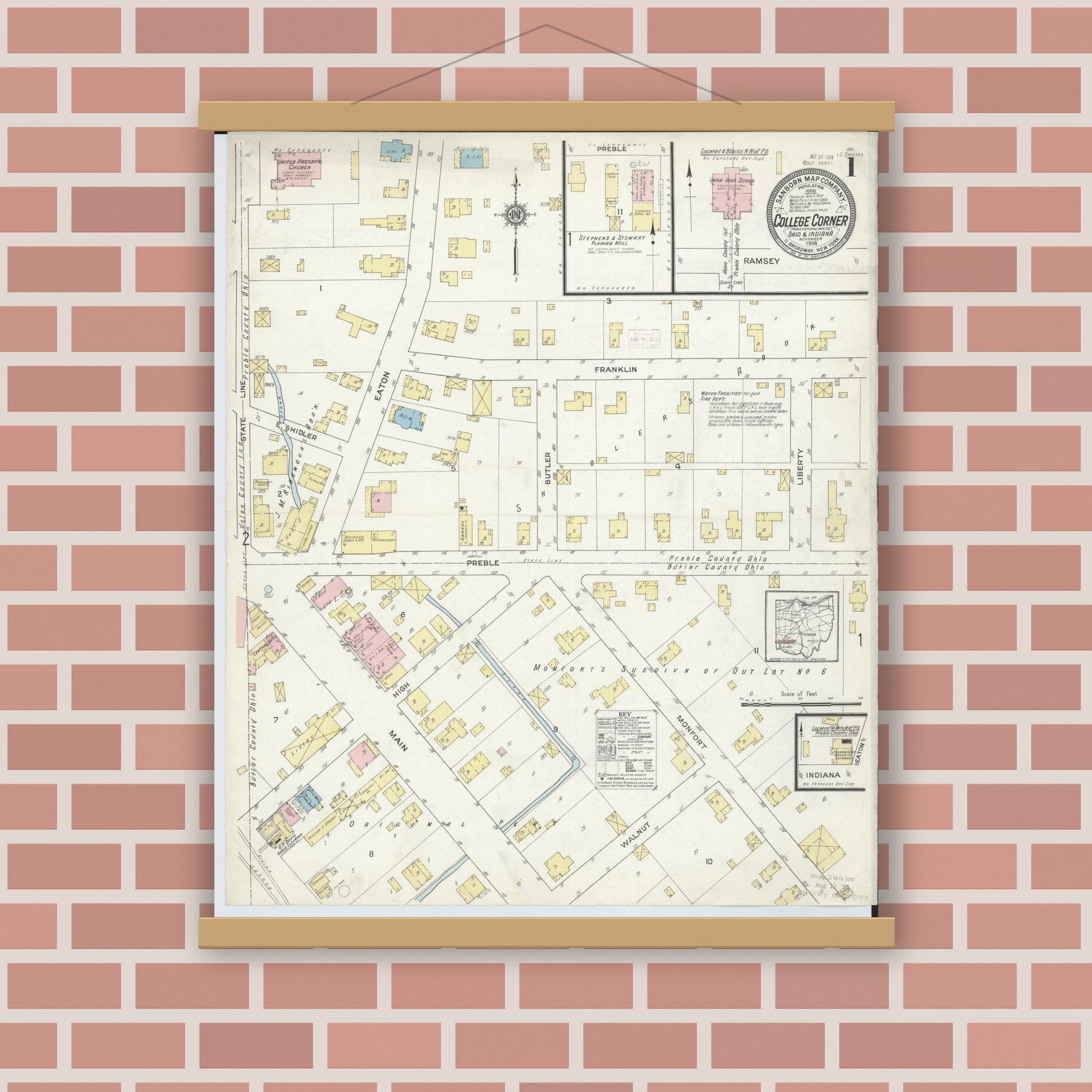 Old map wall art mockup — magnetic wood frame on brick wall — Sanborn Fire Insurance Map from College Corner, Preble And Butler, Ohio (1914), Sheet #0001