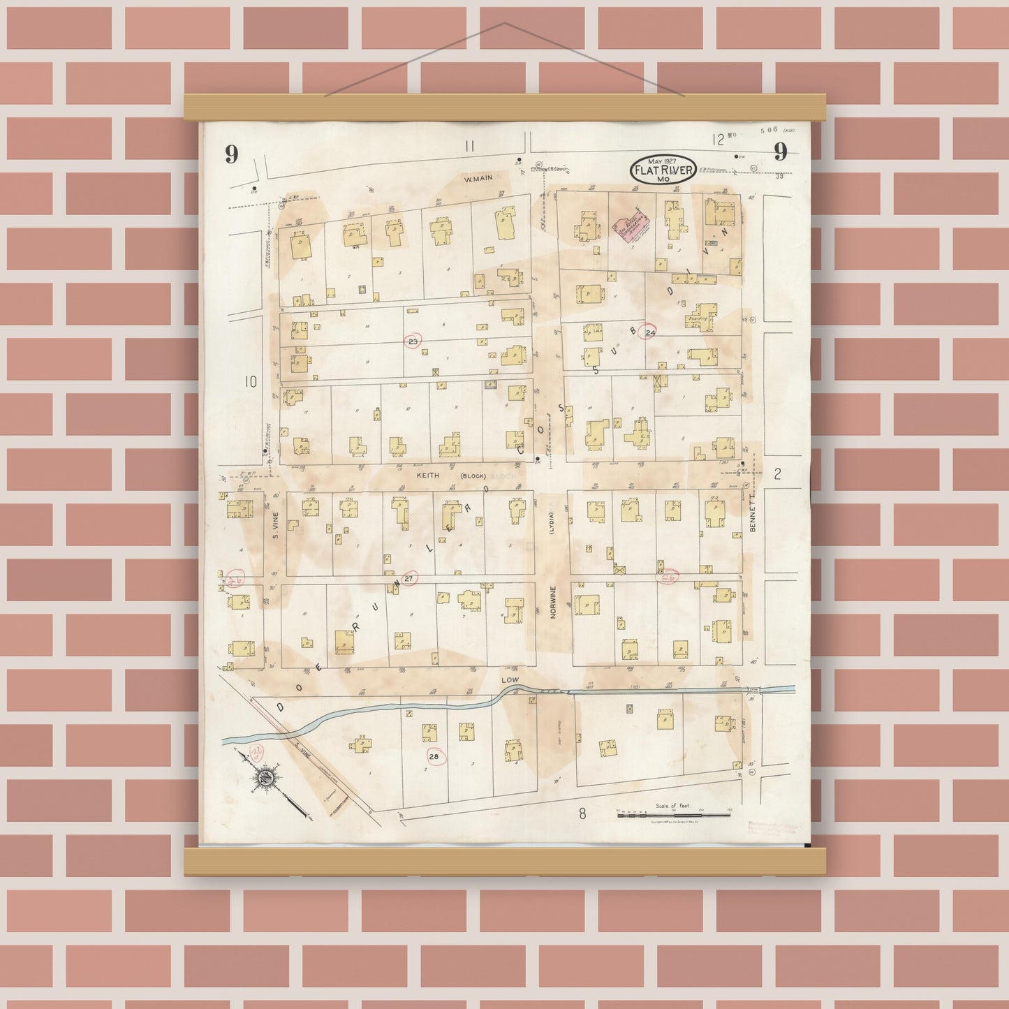 Old map wall art mockup — magnetic wood frame on brick wall — Sanborn Fire Insurance Map from Flat River, Saint Francois County, Missouri (1938), Sheet #0009