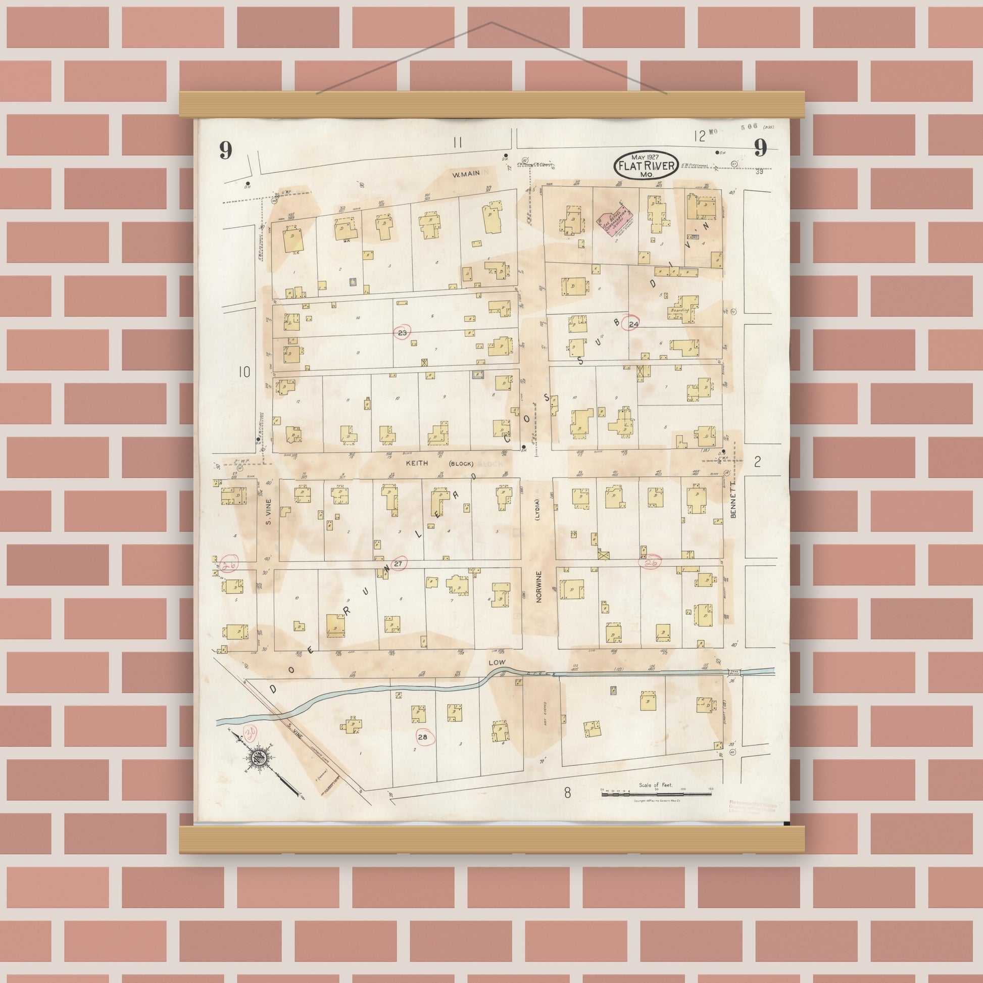 Old map wall art mockup — magnetic wood frame on brick wall — Sanborn Fire Insurance Map from Flat River, Saint Francois County, Missouri (1938), Sheet #0009