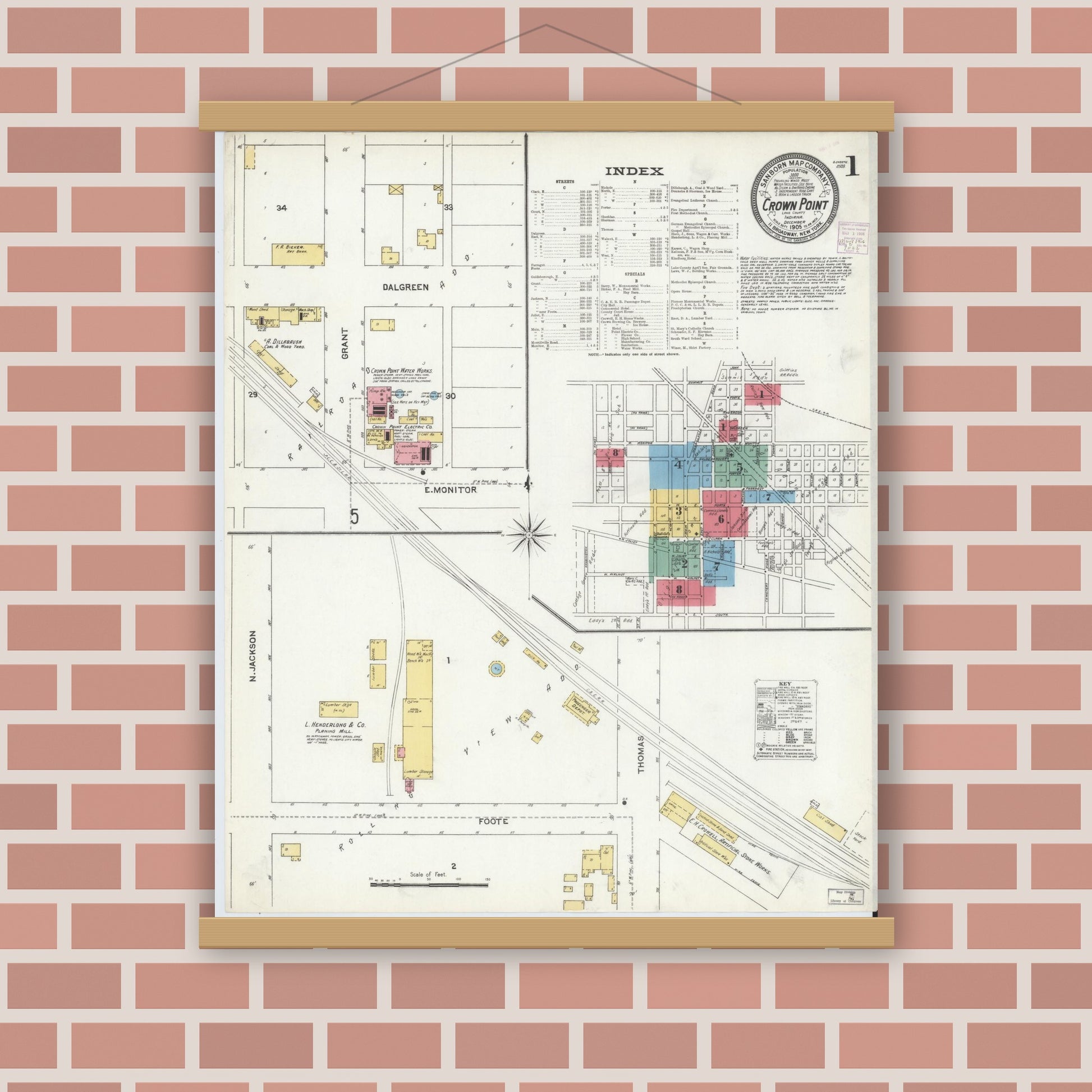 Old map wall art mockup — magnetic wood frame on brick wall — Sanborn Fire Insurance Map from Crown Point, Lake County, Indiana (1905) - Complete Map Set