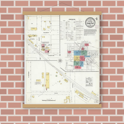 Old map wall art mockup — magnetic wood frame on brick wall — Sanborn Fire Insurance Map from Crown Point, Lake County, Indiana (1905) - Complete Map Set