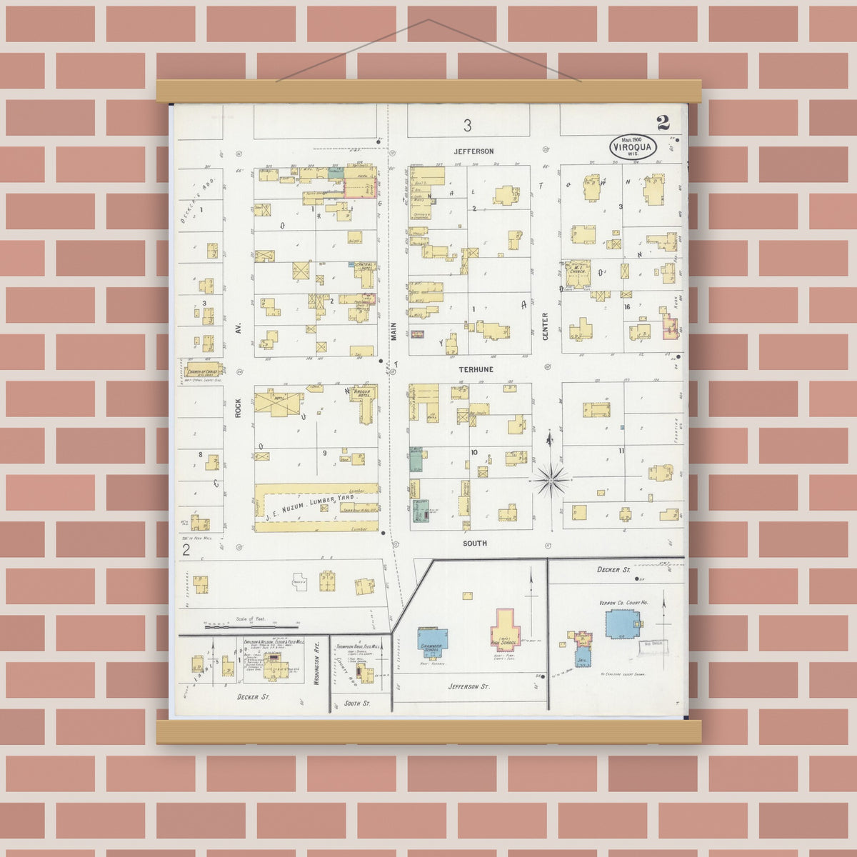 Old map wall art mockup — magnetic wood frame on brick wall — Sanborn Fire Insurance Map from Viroqua, Vernon County, Wisconsin (1900), Sheet #0002