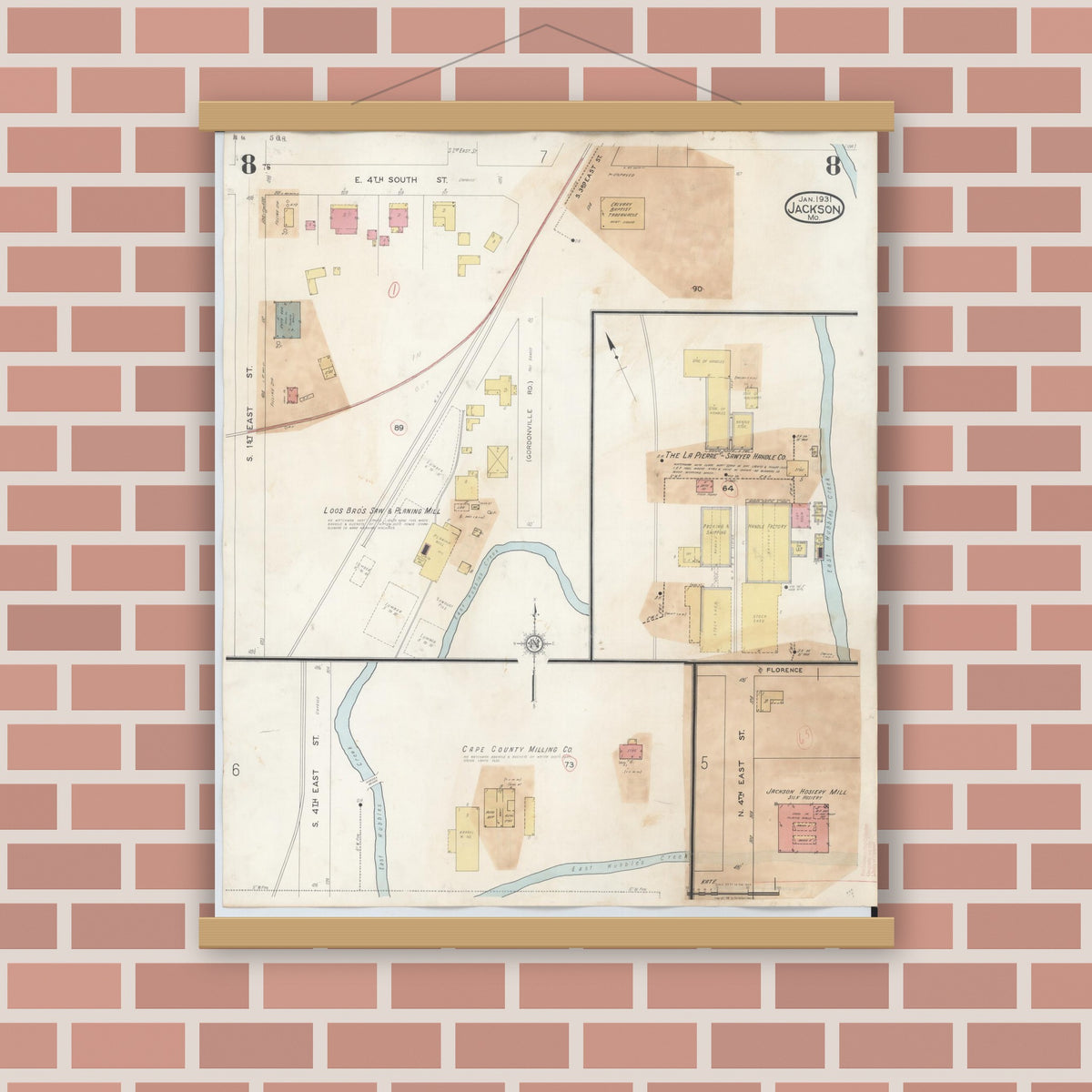 Old map wall art mockup — magnetic wood frame on brick wall — Sanborn Fire Insurance Map from Jackson, Cape Girardeau County, Missouri (1941), Sheet #0008