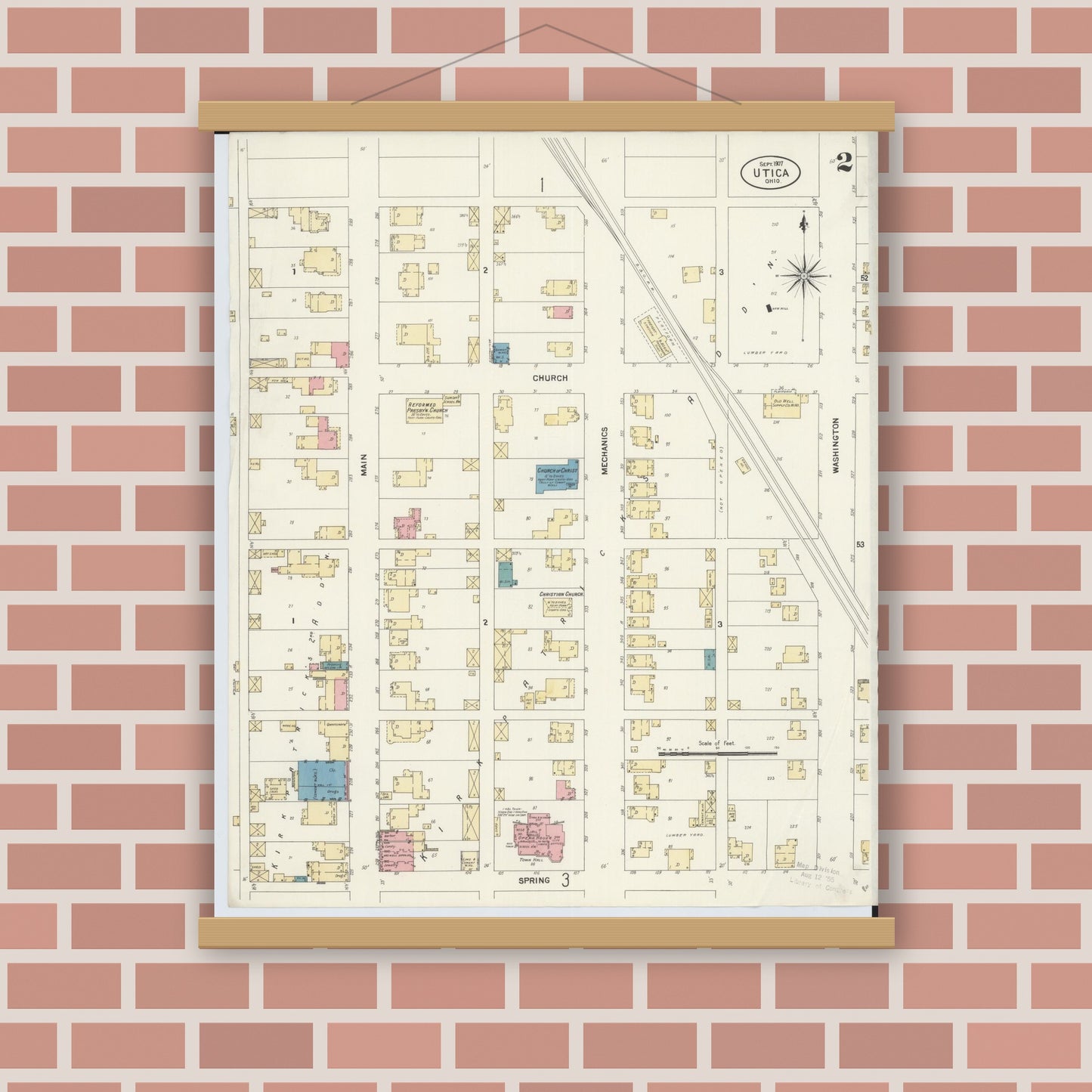 Old map wall art mockup — magnetic wood frame on brick wall — Sanborn Fire Insurance Map from Utica, Licking County, Ohio (1907), Sheet #0002
