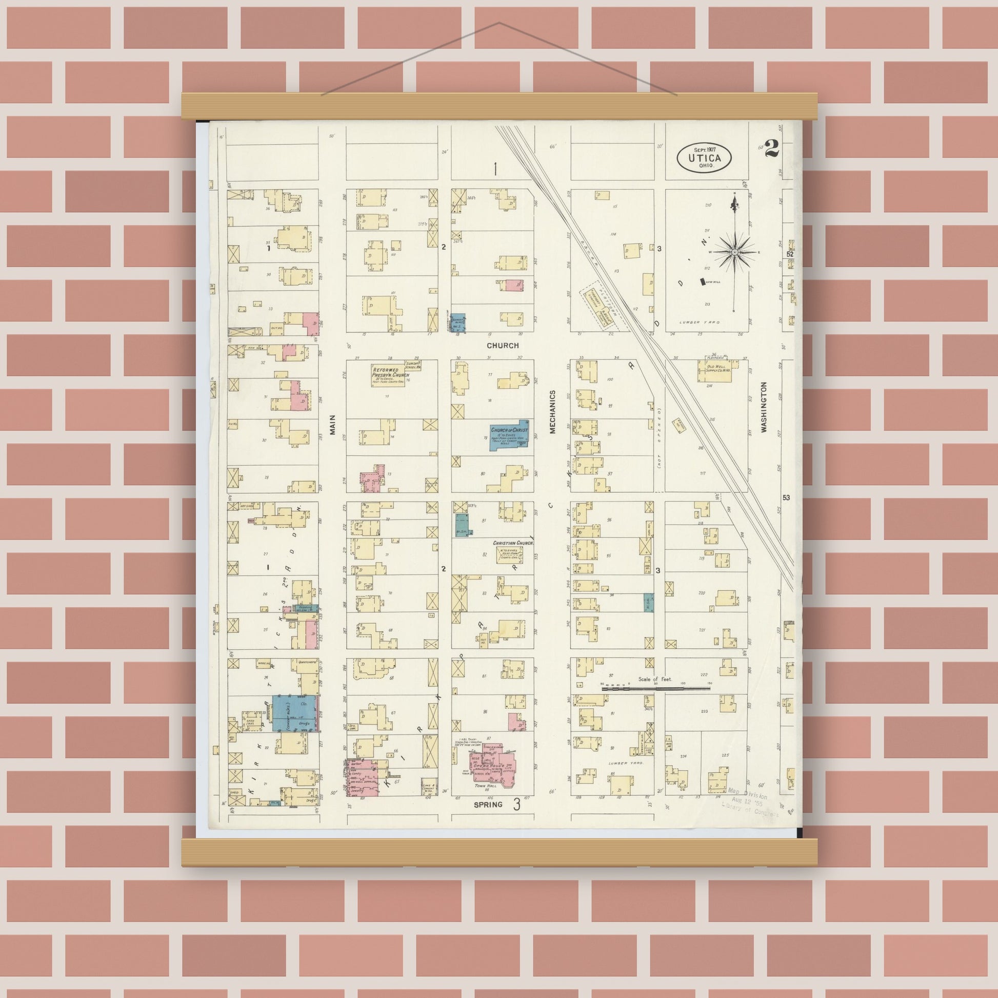 Old map wall art mockup — magnetic wood frame on brick wall — Sanborn Fire Insurance Map from Utica, Licking County, Ohio (1907), Sheet #0002