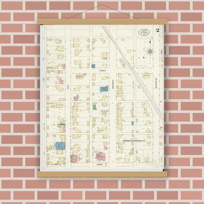 Old map wall art mockup — magnetic wood frame on brick wall — Sanborn Fire Insurance Map from Utica, Licking County, Ohio (1907), Sheet #0002