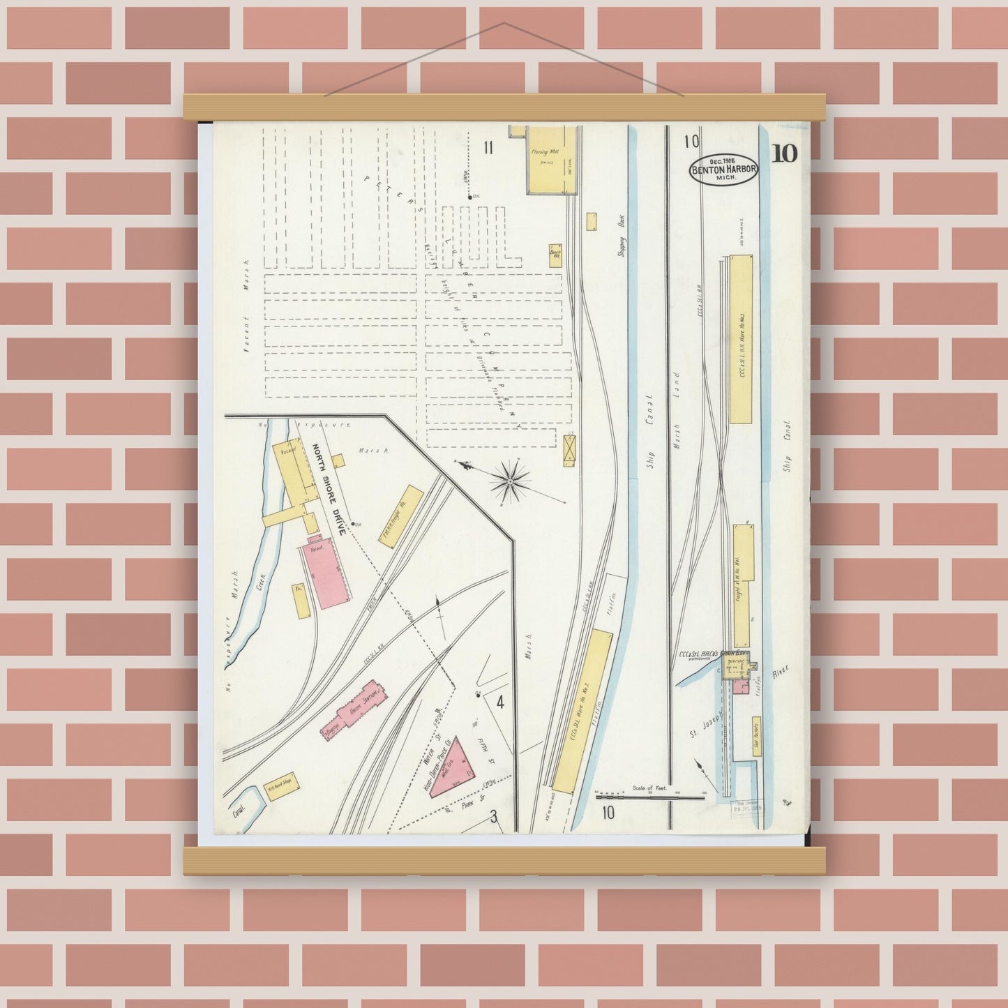 Old map wall art mockup — magnetic wood frame on brick wall — Sanborn Fire Insurance Map from Benton Harbor, Berrien County, Michigan (1905), Sheet #0010