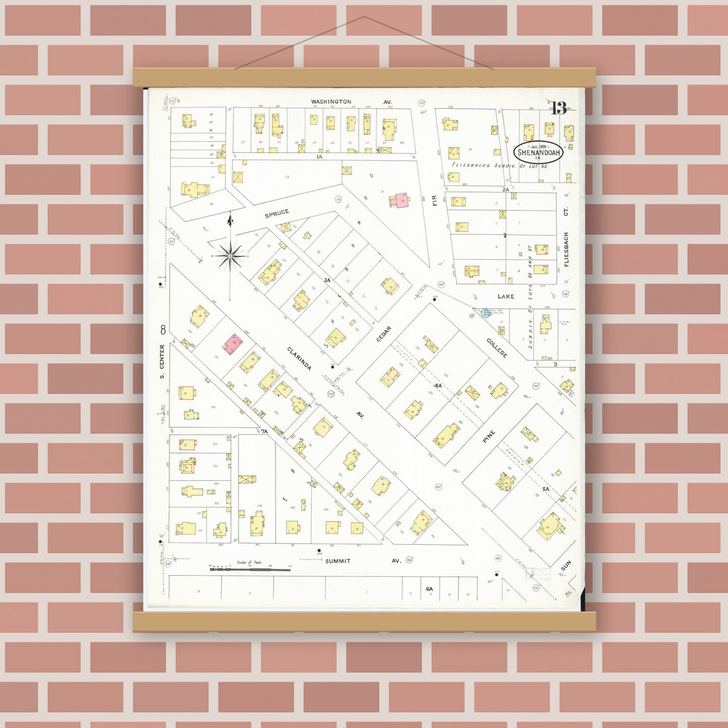 Old map wall art mockup — magnetic wood frame on brick wall — Sanborn Fire Insurance Map from Shenandoah, Page County, Iowa (1909), Sheet #0013