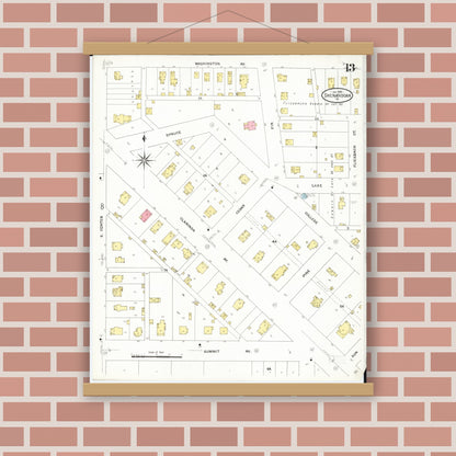 Old map wall art mockup — magnetic wood frame on brick wall — Sanborn Fire Insurance Map from Shenandoah, Page County, Iowa (1909), Sheet #0013