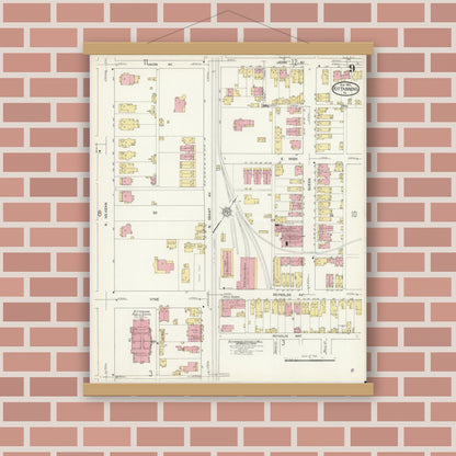 Old map wall art mockup — magnetic wood frame on brick wall — Sanborn Fire Insurance Map from Kittanning, Armstrong County, Pennsylvania (1913), Sheet #0009