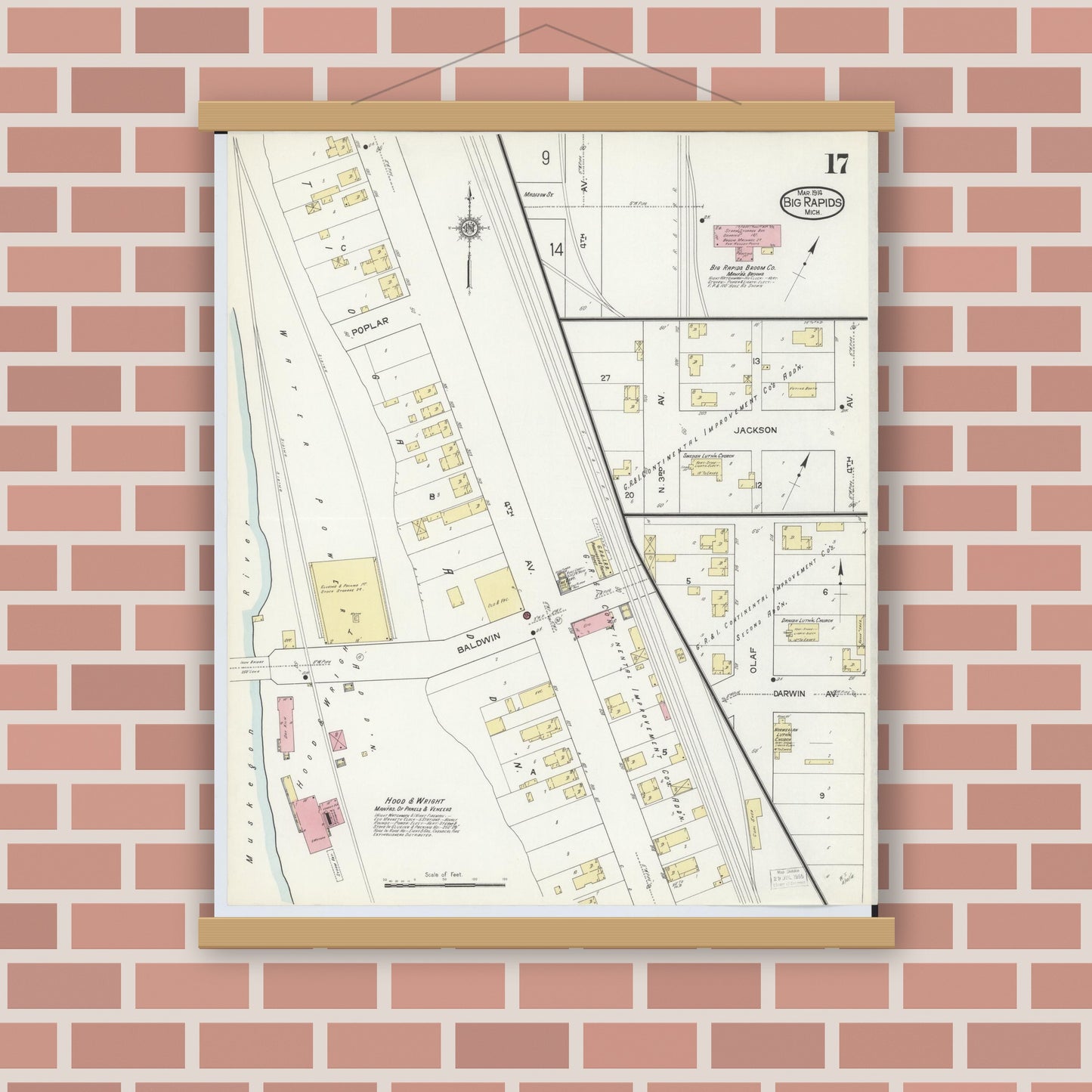 Old map wall art mockup — magnetic wood frame on brick wall — Sanborn Fire Insurance Map from Big Rapids, Mecosta County, Michigan (1914), Sheet #0017
