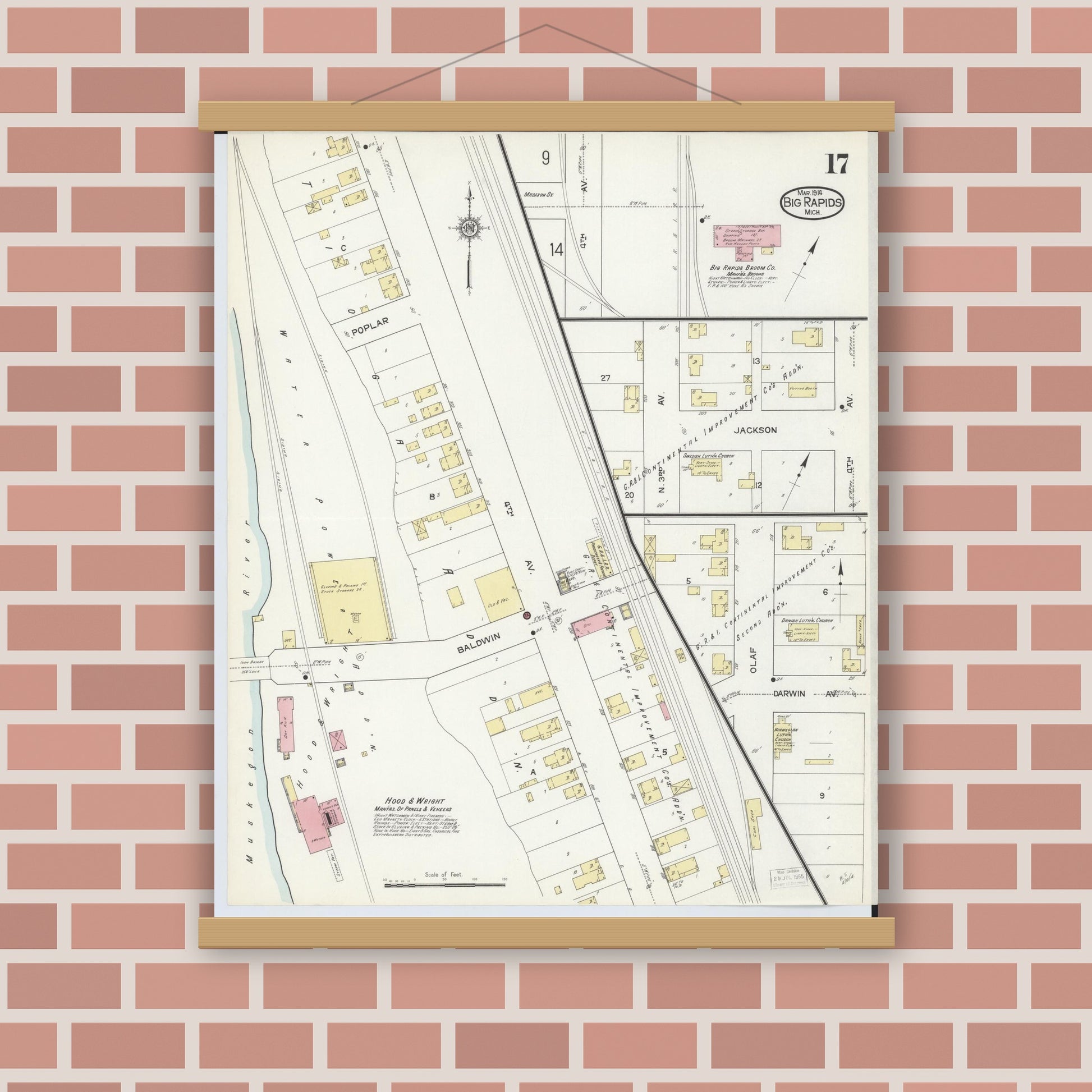 Old map wall art mockup — magnetic wood frame on brick wall — Sanborn Fire Insurance Map from Big Rapids, Mecosta County, Michigan (1914), Sheet #0017