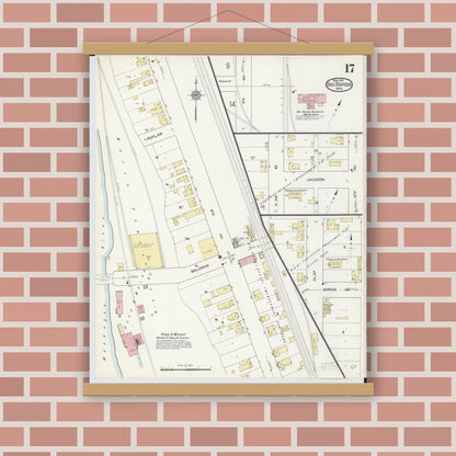 Old map wall art mockup — magnetic wood frame on brick wall — Sanborn Fire Insurance Map from Big Rapids, Mecosta County, Michigan (1914), Sheet #0017