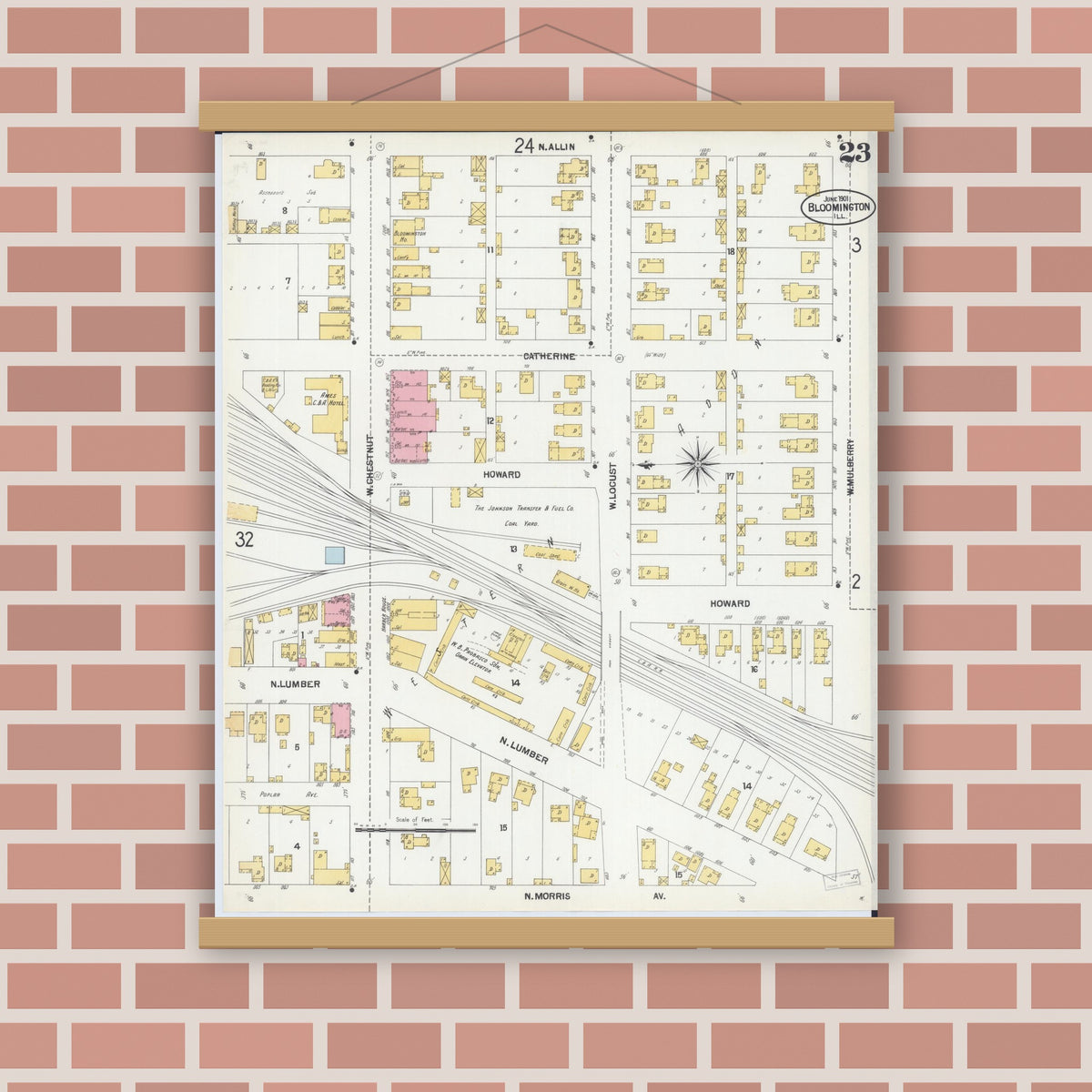 Old map wall art mockup — magnetic wood frame on brick wall — Sanborn Fire Insurance Map from Bloomington, McLean County, Illinois (1901), Sheet #0023