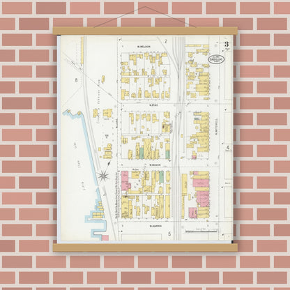 Old map wall art mockup — magnetic wood frame on brick wall — Sanborn Fire Insurance Map from Cadillac, Wexford County, Michigan (1900), Sheet #0003