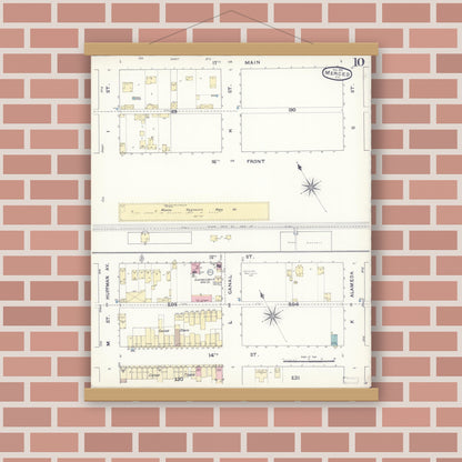 Old map wall art mockup — magnetic wood frame on brick wall — Sanborn Fire Insurance Map from Merced, Merced County, California (1891), Sheet #0010