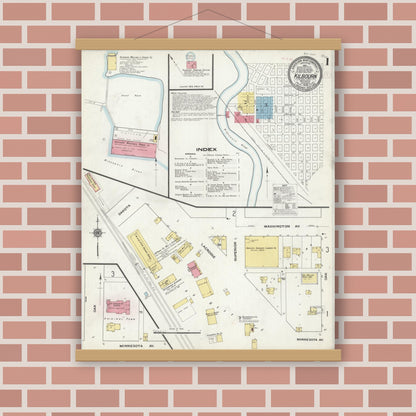 Old map wall art mockup — magnetic wood frame on brick wall — Sanborn Fire Insurance Map from Kilbourn, Columbia County, Wisconsin (1909), Sheet #0001