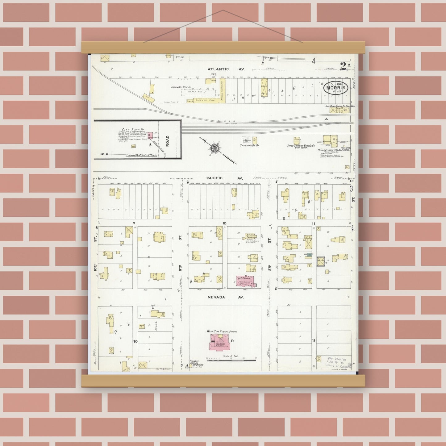 Old map wall art mockup — magnetic wood frame on brick wall — Sanborn Fire Insurance Map from Morris, Stevens County, Minnesota (1909), Sheet #0002