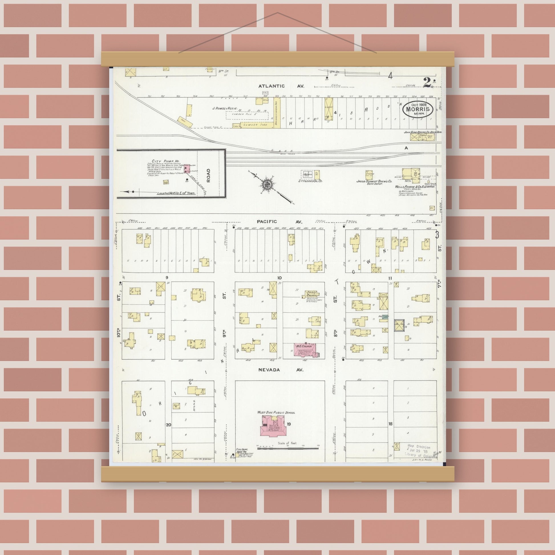 Old map wall art mockup — magnetic wood frame on brick wall — Sanborn Fire Insurance Map from Morris, Stevens County, Minnesota (1909), Sheet #0002