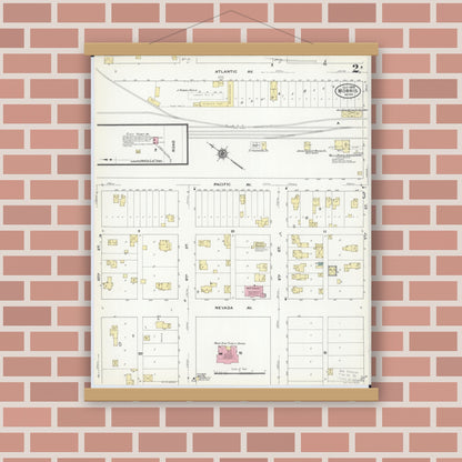 Old map wall art mockup — magnetic wood frame on brick wall — Sanborn Fire Insurance Map from Morris, Stevens County, Minnesota (1909), Sheet #0002