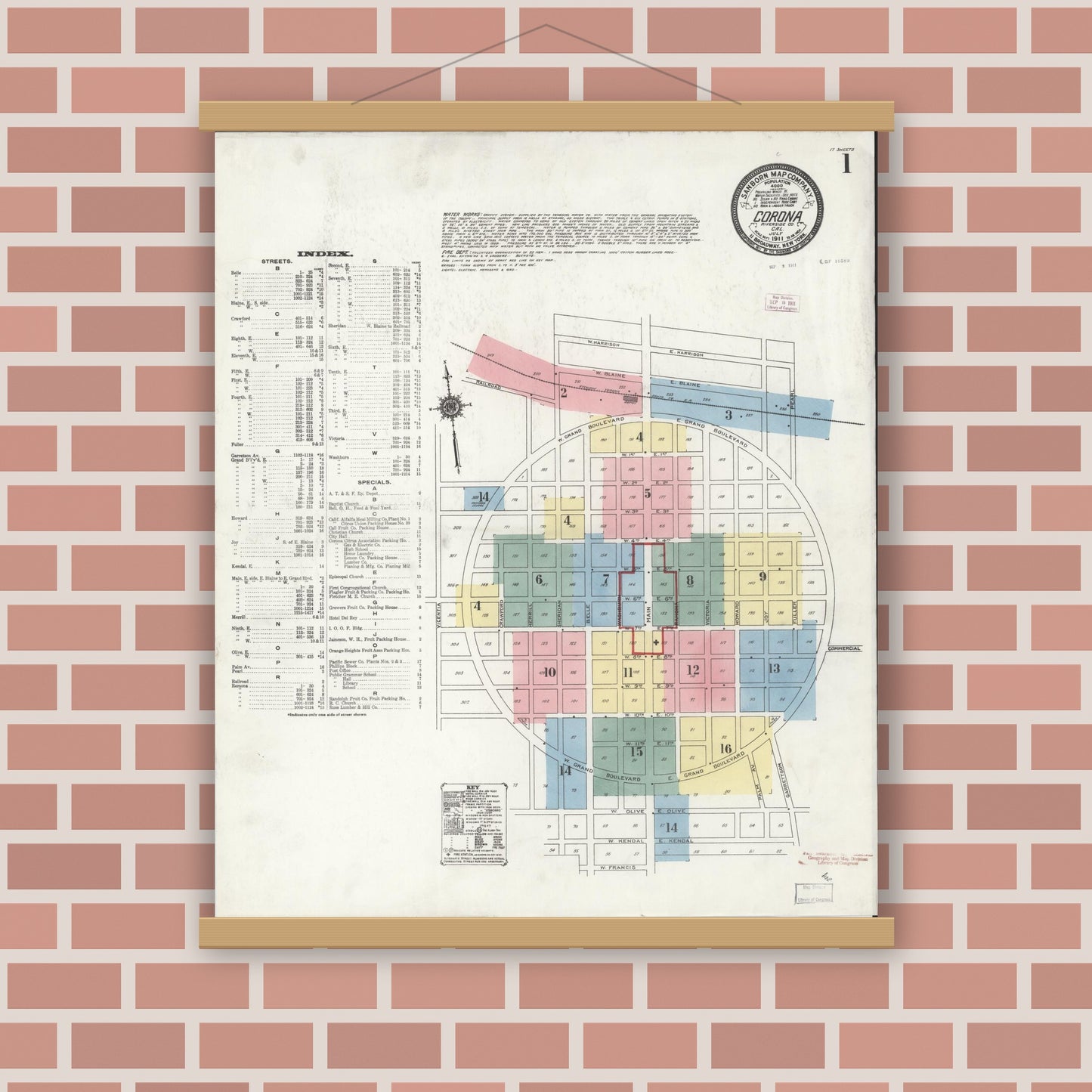 Old map wall art mockup — magnetic wood frame on brick wall — Sanborn Fire Insurance Map from Corona, Riverside County, California (1911) - Complete Map Set