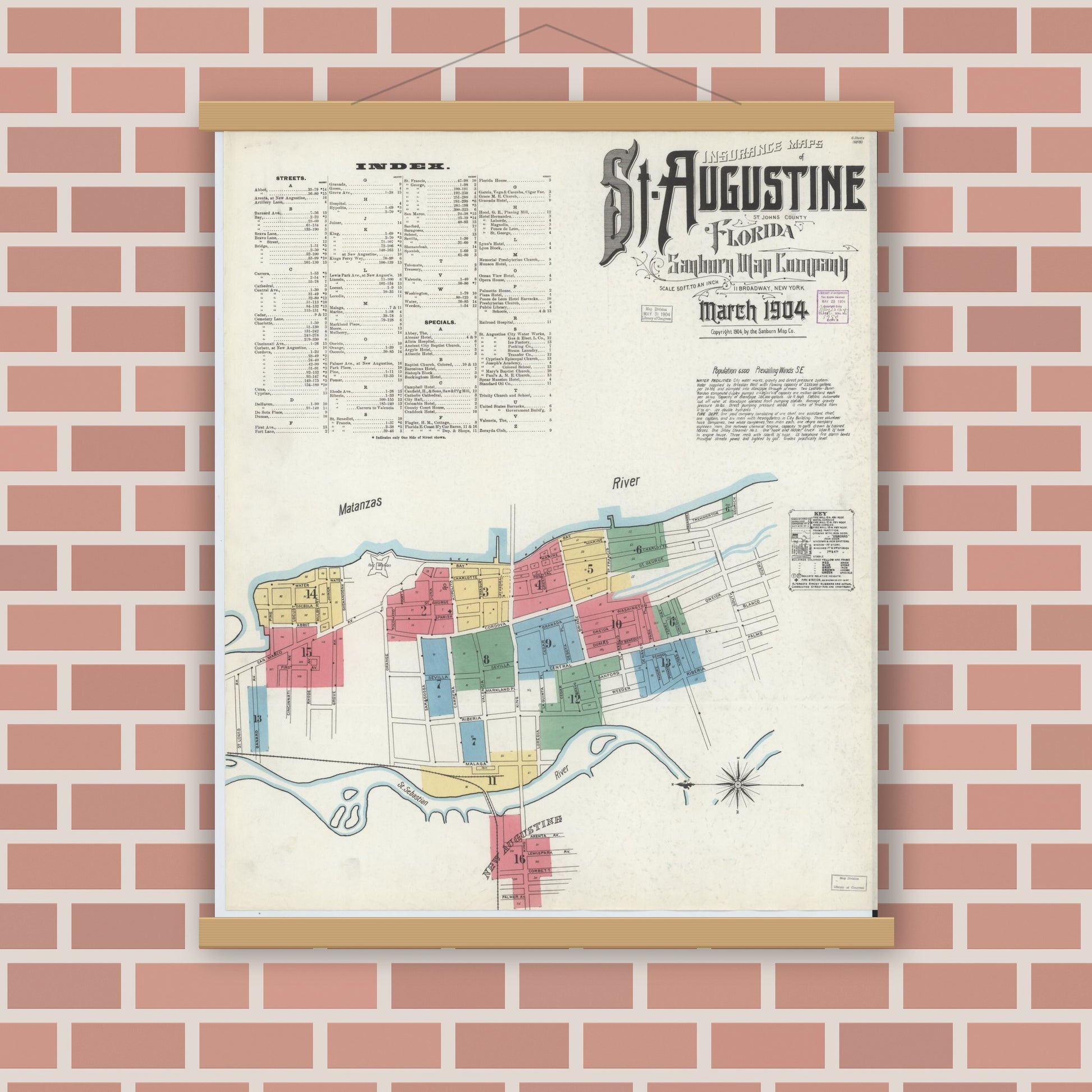 Old map wall art mockup — magnetic wood frame on brick wall — Sanborn Fire Insurance Map from Saint Augustine, Saint John's County, Florida (1904), Sheet #0001